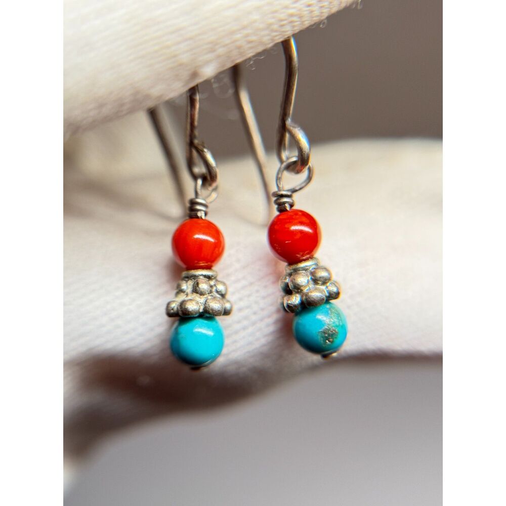 Southwestern Sterling Silver Coral Turquoise Earrings 0.95"